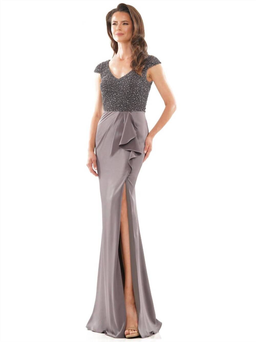 NEW COLORS DRESS beaded bodice column gown in gunmetal